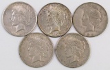 Group of (5) Peace Silver Dollars.