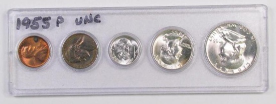 5-Coin 1955 Unc Coin Set - Half Dollar, Quarter, Dime, Nickel & Cent.