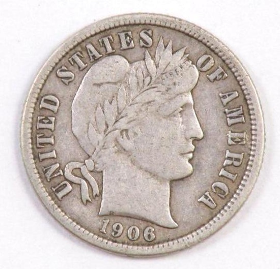 1906 D Barber Silver Dime.