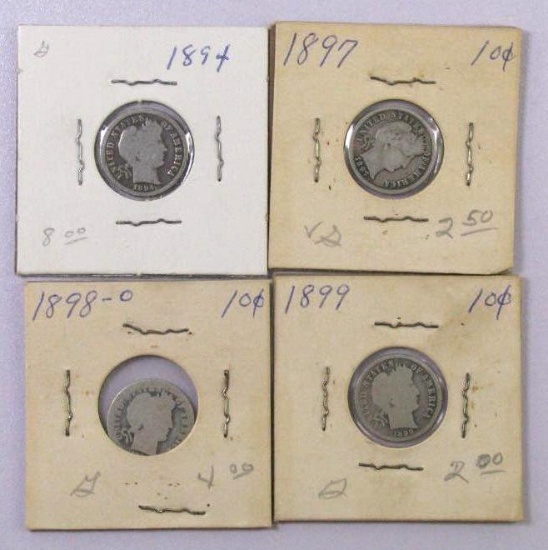 Group of (4) Barber Silver Dimes.