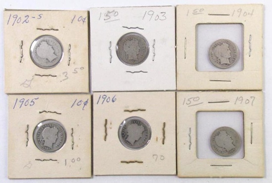 Group of (6) Barber Silver Dimes.