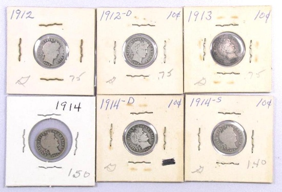 Group of (6) Barber Silver Dimes.