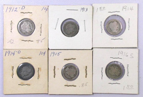 Group of (6) Barber Silver Dimes.