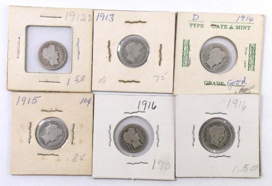 Group of (6) Barber Silver Dimes.