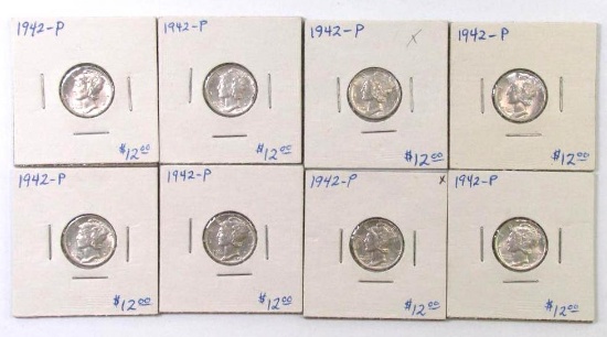 Group of (8) 1942 P Mercury Silver Dimes.