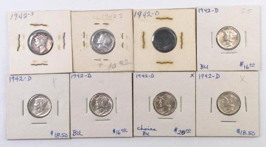 Group of (8) Mercury Silver Dimes.