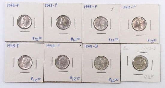 Group of (8) Mercury Silver Dimes.