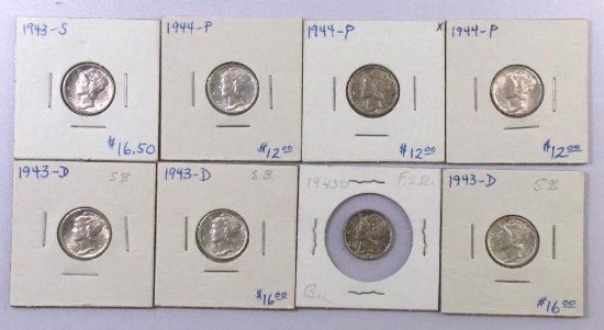 Group of (8) Mercury Silver Dimes.