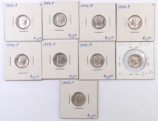 Group of (9) 1944 P Mercury Silver Dimes.