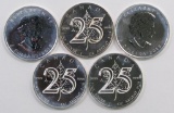 Group of (5) 2013 $5 Canada Silver Maple Leaf 25th Anniversary One Ounce .9999 Fine Silver.