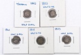 Group of (5) Seated Liberty Silver Half Dimes.