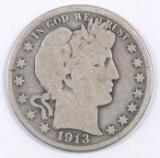 1913 P Barber Silver Half Dollar.
