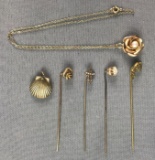 Group of 6 vintage hat pins and more