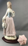 Lladro Figurine No. 5005 Elouise, Lady with Pink Parasol, on wooden base