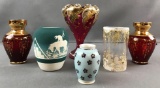 Group of 6 pieces ornately decorated glass, ceramic and porcelain pieces