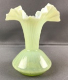 Hand blown ruffle top green milk glass vase