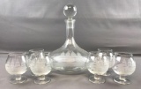 7 piece Decanter Set, Clear Glass, Sailing Ship Motif