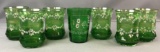 Group of 7 handpainted green drinking glasses