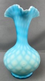 Satin blue mother of pearl quilted pattern ruffle top vase