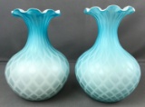 Group of two opalescent blue mother of pearl quilted pattern ruffle top vases