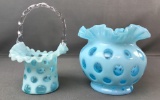 Group of two blue overlay coin dot pattern ruffle top glass pieces