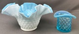 Group of two blue glass hobnail textured pieces