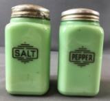 Vintage jadeite green milk glass salt and pepper shaker with metal lids