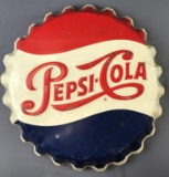 Vintage bottle cap shaped metal Pepsi-Cola advertising sign