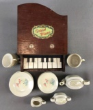 Group of 22 piece vintage toys: Working toy piano and tea set