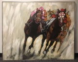 Large framed oil on canvas, thoroughbred racing from Vanguard Studios