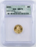 2001 $5 American Gold Eagle 1/10th oz. Fine Gold (ICG) MS70.