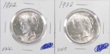 Group of (2) 1922 P Peace Silver Dollars.