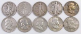 Group of (10) Walking Liberty & Franklin Silver Half Dollars.