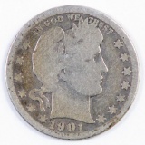 1901 O Barber Silver Quarter.