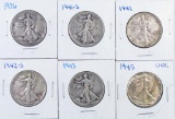 Group of (6) Walking Liberty Silver Half Dollars.