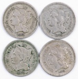 Group of (4) Three Cent Piece Nickels.