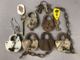 Group of 9 pieces Railroad Locks and keys