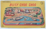 Vintage Japanese Tin Litho Mechanical Busy Choo Choo Set in Original Box