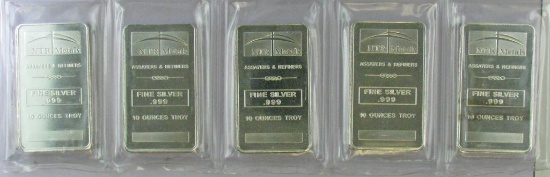 Group of (5) NTR Metals 10 Troy Ounce .999 Silver Bar / Ingots.