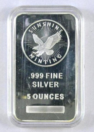 Sunshine Minting 5 Ounce .999 Fine Silver Bar / Ingot.