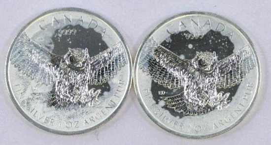Group of (2) 2015 Canada $5 Great Horned Owl One Ounce .9999 Fine Silver Rounds.