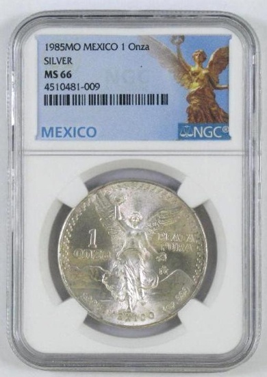 1985 Mexico One Onza .999 Fine Silver (NGC) MS66.