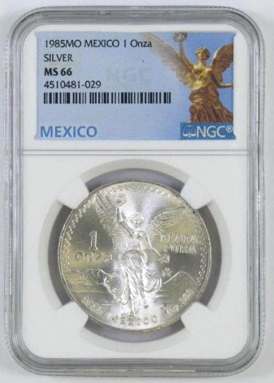 1985 Mexico One Onza .999 Fine Silver (NGC) MS66.