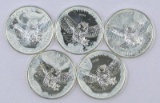 Group of (5) 2015 Canada $5 Great Horned Owl One Ounce .9999 Fine Silver Rounds.