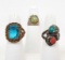 Lot of 3 : Native American Crafted Silver Bezel Set Turquoise and Coral Ring + More
