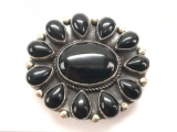 Sterling Silver and Bezel Set Onyx Brooch : Signed