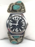 Lot of 2 : Native American Crafted Silver and Turquoise Watch Strap + Incabloc Watch