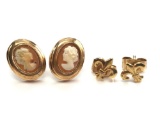 Lot of 2 Pairs : Gold Stud Cameos and Fleur-de-lis Earrings