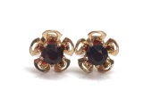 14k Faceted Ruby Red Glass Floral-form Stud Earrings