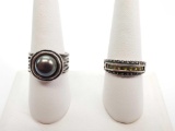 Lot of 2 : Sterling Silver Rings in Shades of Gray Pearls and Peridot